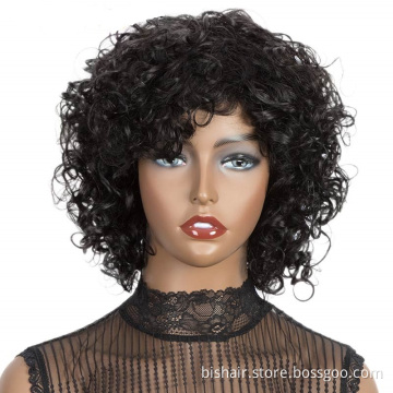 Wholesale Short Curly Human Hair Wigs For Black Women Brazilian Remy Full Wig With Bangs Curl Black Cosplay Wigs Nature Wave